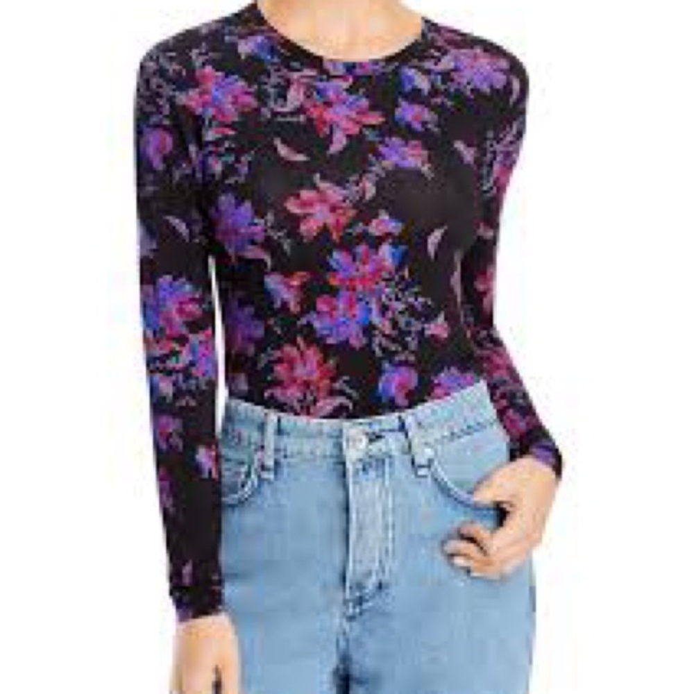 rag & bone Black and Purple Floral Long Sleeve Top Size SP EUC